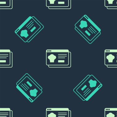 Yeşil ve bej çevrimiçi sipariş veren ve fast food dağıtım ikonu mavi arka planda izole edilmiş. Vektör