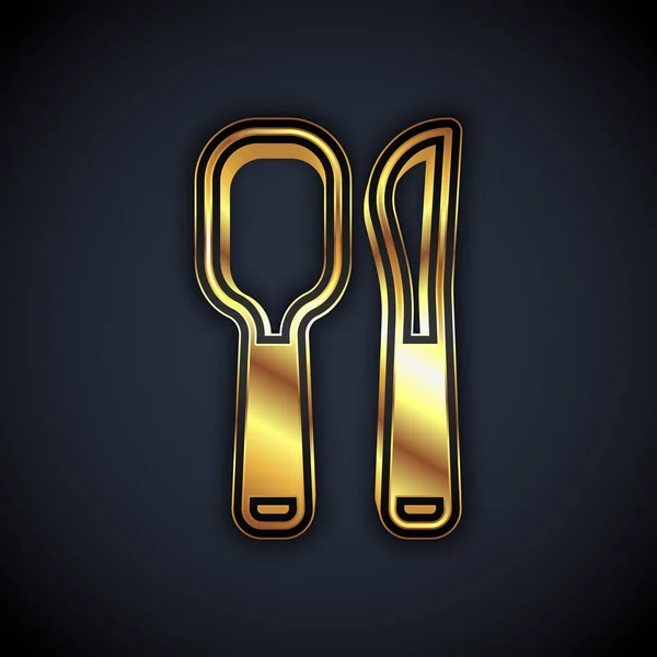 Guld kniv och sked ikon isolerad på svart bakgrund. Matlagningsredskap. Bestick-skylt. Vektor — Stock vektor