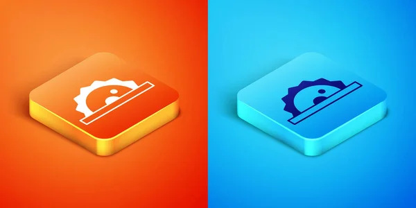 Isometric Electric circular saw with steel toothed disc icon isolated on orange and blue background. Electric hand tool for cutting wood or metal. Vector — Stock Vector