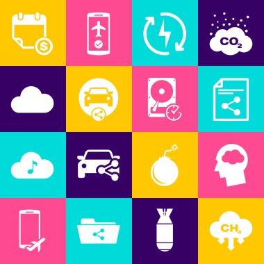 Metan emisyonunu azalt, baş silueti bulutlu, Paylaşım dosyası, Şarj etme, Araba Paylaşımı ve Müzik Yayımlama Servis simgesini ayarla. Vektör