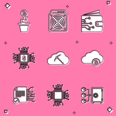 Tencereye Bitcoin fabrikası, ASIC Madencisi, Kripto para birimi cüzdanı dolar, bulut madenciliği ve simge ile işlemci çipi koyun. Vektör