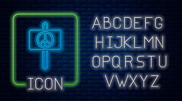 Ícone de paz neon brilhante isolado no fundo da parede de tijolo. Símbolo hippie da paz. Alfabeto claro de néon. Vetor —  Vetores de Stock