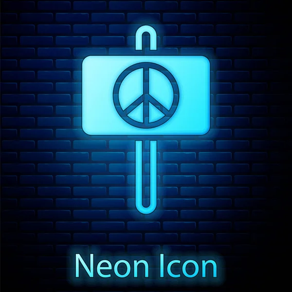 Glowing neon Peace icon isolated on brick wall background. Hippie symbol of peace. Vector — Stock Vector