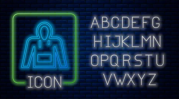 Gloeiende neon Hoodie icoon geïsoleerd op bakstenen muur achtergrond. Een capuchon sweater. Neon licht alfabet. Vector — Stockvector
