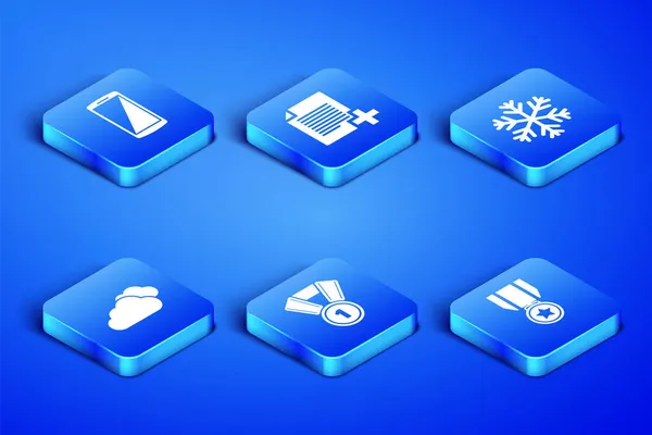 Set Médaille avec étoile, Smartphone, téléphone mobile,, Cloud, Ajouter un nouveau fichier et icône flocon de neige. Vecteur — Image vectorielle