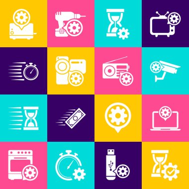 Kum saati ayarı, dizüstü bilgisayar, güvenlik kamerası, video ve Stopwatch simgesi ayarla. Vektör