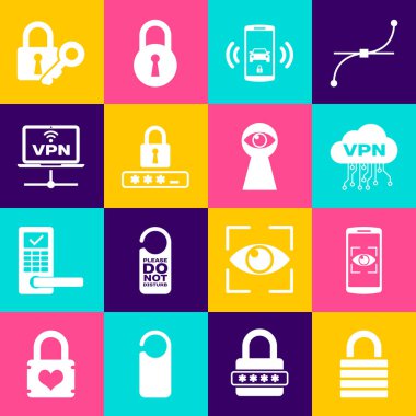 Kilit, Mobil ve Göz Taraması, Bulut VPN arayüzü, Akıllı araba alarm sistemi, Parola koruması ve Bilgisayar ağı simgesi ayarla. Vektör