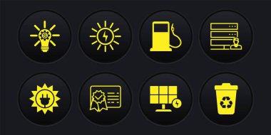 Güneş enerjisi panelini, Müşteri hizmetleri sunucusunu, Sertifika şablonunu, Benzin istasyonunu, Geri dönüşümlü geri dönüşüm kutusunu ve ampul dişli ikonunu ayarla. Vektör