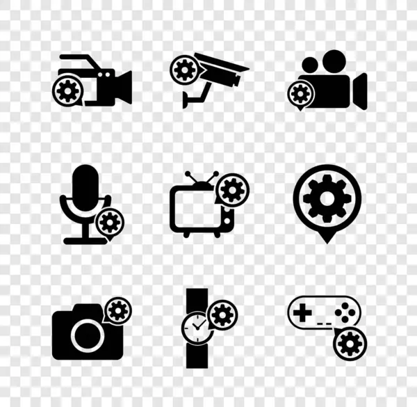 Définir le réglage de la caméra vidéo, Sécurité,, Photo, Montre-bracelet et icône Gamepad. Vecteur — Image vectorielle
