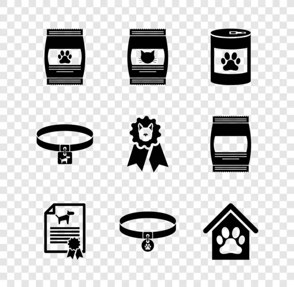 Conjunto Saco de comida para animal de estimação, gato, enlatado, cão certificado, colarinho com etiqueta de nome e casa de cachorro e ícone de impressão de pata. Vetor —  Vetores de Stock
