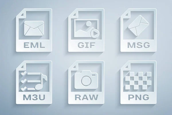 Definir documento de arquivo RAW, MSG, M3U, PNG, GIF e EML ícone. Vetor — Vetor de Stock