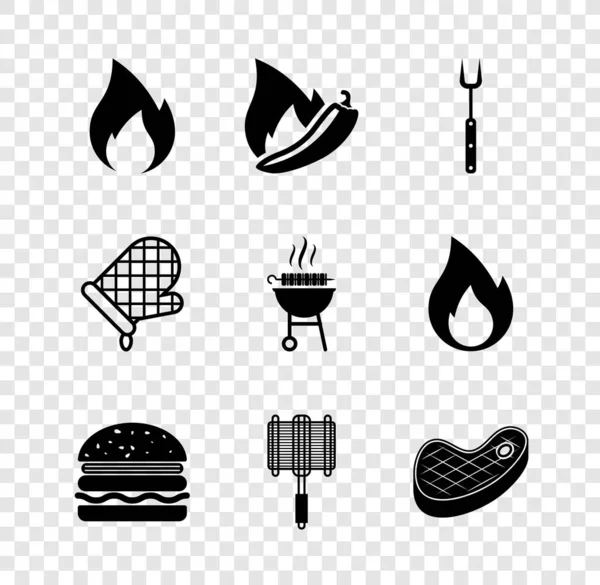 设置火焰，辣椒火锅，烧烤叉，汉堡，钢网，牛排肉，烤箱手套和烤什锦烤肉图标。B.病媒 — 图库矢量图片