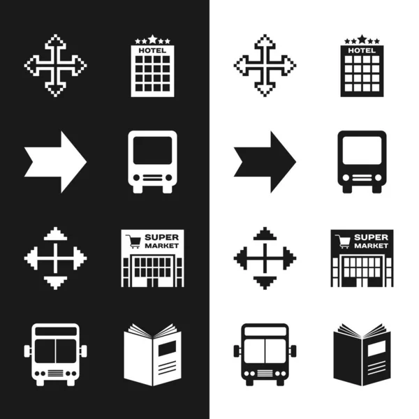 Definir ônibus, seta, setas Pixel em quatro direções, Edifício do hotel, Supermercado, Livro aberto e ícone. Vetor — Vetor de Stock