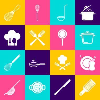 Grater, bulaşık makinesi, tencere, mutfak kepçesi, çapraz çatal, aşçı şapkası ve kaşık, çırpma ve kızartma tavası ikonu. Vektör