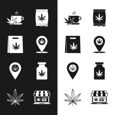 Set yeri ve marihuana, alışveriş poşeti çay, esrar ya da esrar tohumu, tıbbi şişe, online alışveriş ve yaprak ikonu. Vektör