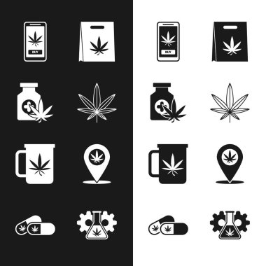 Marihuana ya da kenevir yaprağı, marihuana şişesi, online alışveriş torbası, fincan çayı, konum ve test tüpü ve hap ikonu. Vektör