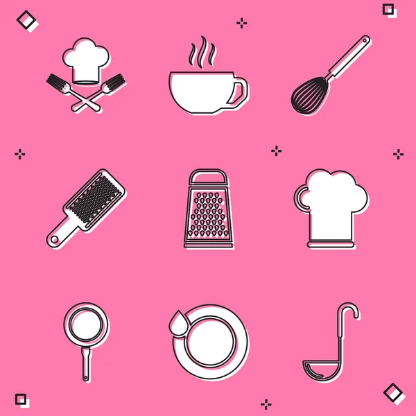 Set Chef hat and fork, Coffee cup, Kitchen whisk, Grater, Frying pan and Washing dishes icon. Vector — Stock Vector