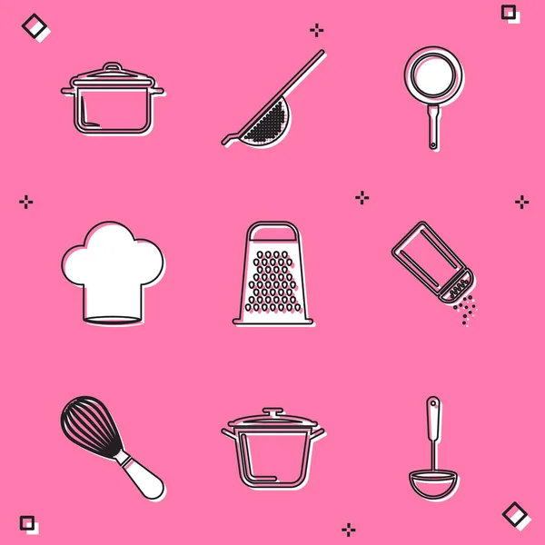 Set Cooking pot, Kitchen colander, Frying pan, Chef hat, Grater, Salt pepper, whisk and icon. Vector — Stock Vector