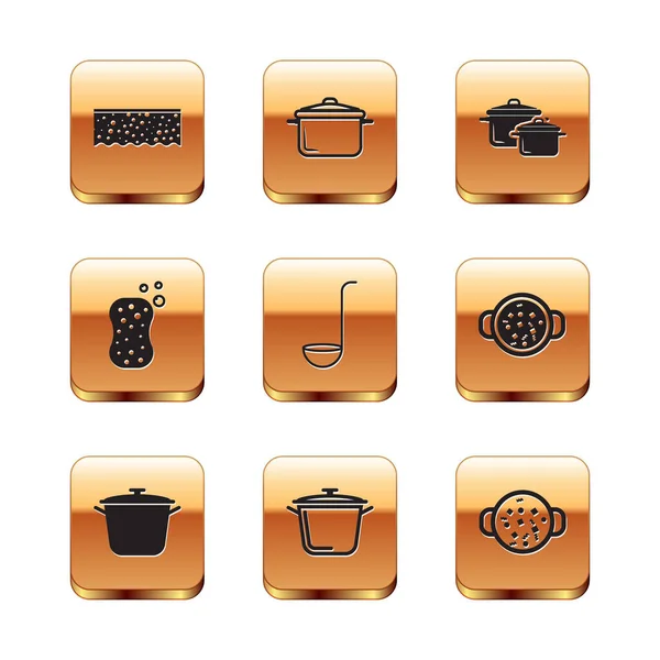 Set Spons met belletjes, kookpot, keukenlepel, soep en icoon. Vector — Stockvector