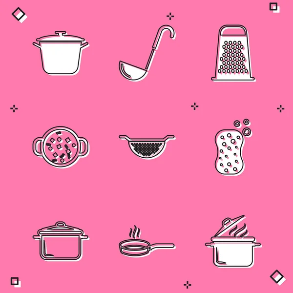 Встановіть каструлю для приготування їжі, кухонну ковдру, решітку, суп, друшляк, губку з бульбашками та піктограму сковороди. Векторні — стоковий вектор