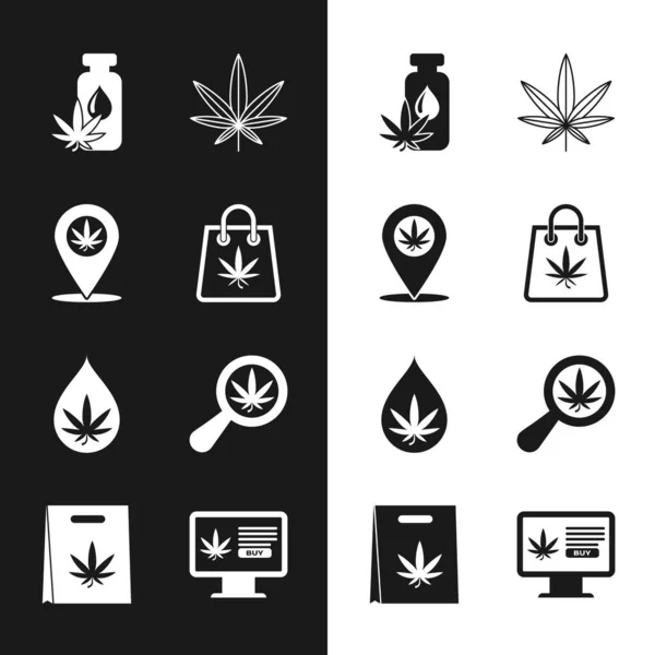 Marihuana, konum ve esrar veya kenevir yaprağı yağı, büyüteç, online alışveriş ve ikon seti. Vektör — Stok Vektör