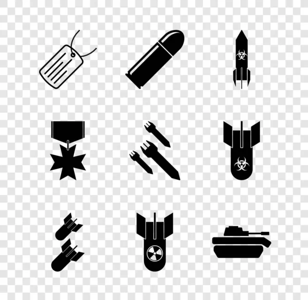 Katonai dögcédula, Golyó, Biohazard rakéta, Repülési bomba, Nukleáris, tank, jutalom érem és Rakéta ikon. Vektor — Stock Vector