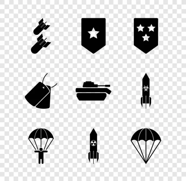 Встановити авіаційну бомбу, Chevron, Parachute, ядерну ракету, військові собачі мітки та ікону танків. Вектор — стоковий вектор