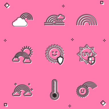 Gökkuşağını bulut, bulut ve güneş, ultraviyole koruma ve meteoroloji termometre ikonu ile ayarla. Vektör