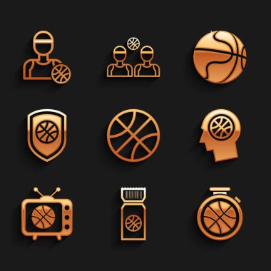 Basketbol topu, maç bileti, basketbollu sttopwatch, düşünceler açık, maç TV, Shield in the, ve oyuncu ikonu. Vektör