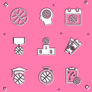 Basketbol topu, basketbol, spor takvimi, madalya, spor şampiyonu podyumu, maç bileti, antrenman ve ikonlu Stopwatch. Vektör