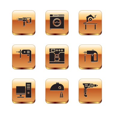 Rotary çekiç matkabı, bilgisayar monitörü, elektrikli mikser, kahve ve bardak ve masa testeresini ahşap ikonu için ayarla. Vektör