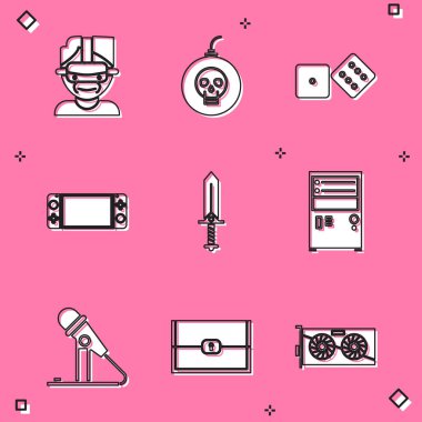 Sanal gerçeklik gözlükleri, bombanın patlamaya hazır olması, oyun zarları, taşınabilir oyun konsolu, kılıç için, bilgisayar, mikrofon ve göğüs simgesi. Vektör