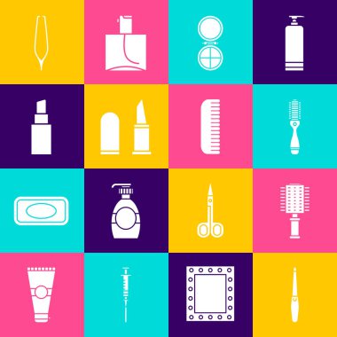 Tırnak törpüsü, saç fırçası, aynalı makyaj tozu, ruj, kaş cımbızı ve ikon. Vektör