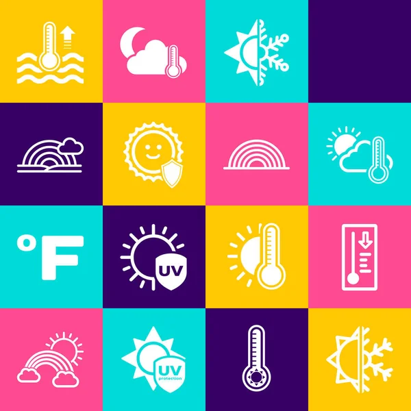 Sole e fiocco di neve, termometro meteorologico, nube di termometro, sole, protezione UV, arcobaleno con, acqua e icona. Vettore — Vettoriale Stock