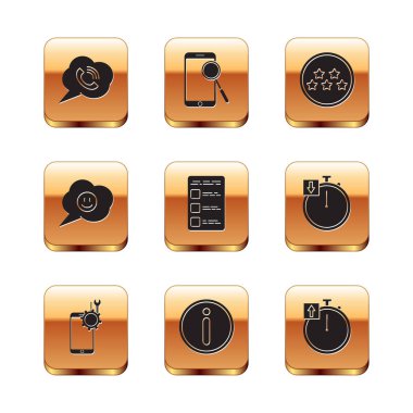 Konuşma baloncuğunu telefon görüşmesi, mobil servis, bilgi, hesap ekranı mobil, gülen yüz, beş yıldızlı değerlendirme, Kronometre ve teşhis simgesi ile ayarla. Vektör