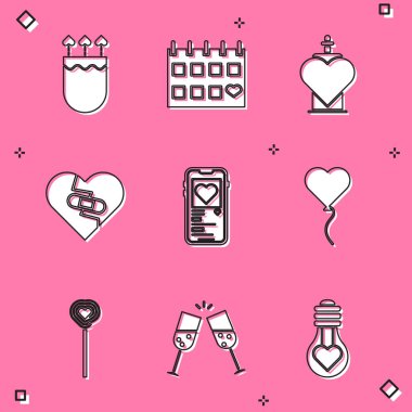 Titrek ve okları kalp, takvim, şişe aşk iksiri, iyileşmiş kırık, mobil, balon şeklinde, lolipop ve cam şampanya ikonu şeklinde ayarla. Vektör