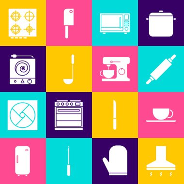 Mutfak sökücü fanı, kahve fincanı, merdane, mikrodalga fırın, kepçe, elektrikli soba, gaz ve mikser ikonu. Vektör