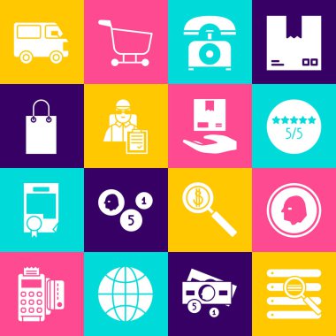 Arama işlemini tarayıcı penceresinde, madeni para, tüketici veya müşteri ürün derecelendirmesi, telefon, karton kutular, kağıt alışveriş çantası, kargo kamyonu aracı ve el simgesi ile kurun. Vektör