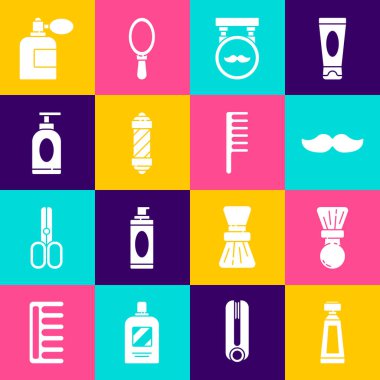 Krem veya losyon kozmetik tüpü, tıraş fırçası, bıyık, berber dükkanı, klasik direk, tıraş losyonu, atomizer ve saç fırçası ikonu. Vektör
