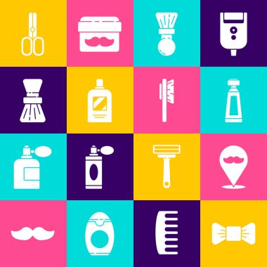 Papyon, berber dükkanı, krem veya losyon kozmetik tüpü, tıraş fırçası, şampuan şişesi, makas kuaförü ve saç fırçası ikonu. Vektör