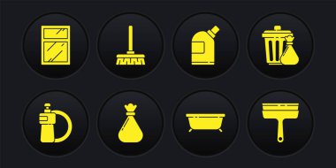 Bulaşık deterjanı şişesi ve tabağı, çöp tenekesi, çöp torbası, küvet, temizlik malzemesi için şişe, süpürge, lastik temizleme penceresi ve temizlik servisi ikonu hazırla. Vektör