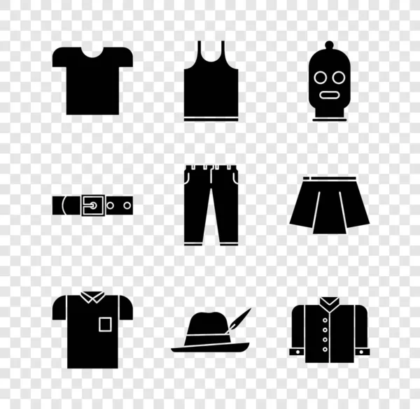 Set T-shirt, mouwloos, Balaclava, Polo, Oktoberfest hoed, Lederen riem en Broek icoon. Vector — Stockvector