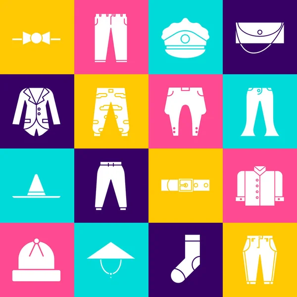 Set Hosen, T-Shirt, Polizeimütze mit Kokarde, Camouflage Cargohose, Blazer oder Jacke, Fliege und Symbol. Vektor — Stockvektor