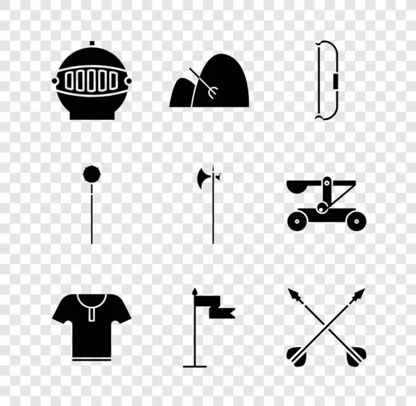 Set mittelalterlichen Eisenhelm, Strohballen aus Heu und Harke, Bogen, Körperpanzer, Flagge, gekreuzte Pfeile, Kettenknäuel und Hellebarde-Symbol. Vektor — Stockvektor