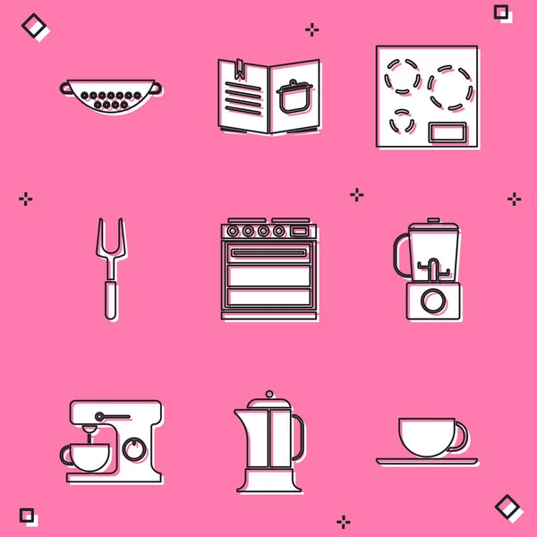 Mutfak süzgeci, yemek kitabı, elektrikli ocak, barbekü çatalı, fırın, blender, karıştırıcı ve Fransız basın ikonu. Vektör — Stok Vektör