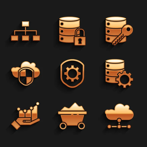 Set Shield with settings gear, Coal mine trolley, Network cloud connection, Server and, Pie chart infographic, Cloud shield, security key and Hierarchy organogram icon. Vektor — Stockový vektor