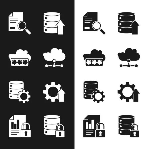 Netwerkcloudverbinding instellen, wachtwoordbeveiliging, document met zoekopdracht, server, gegevens, webhosting en versnelling, pijlgroei, veiligheidsslot en pictogram. Vector — Stockvector