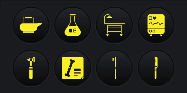 Set Outil d'otoscope médical, moniteur avec cardiogramme, clichés radiographiques, brosse à dents, table d'opération, éprouvette et fiole, scie et icône Bedpan. Vecteur — Image vectorielle