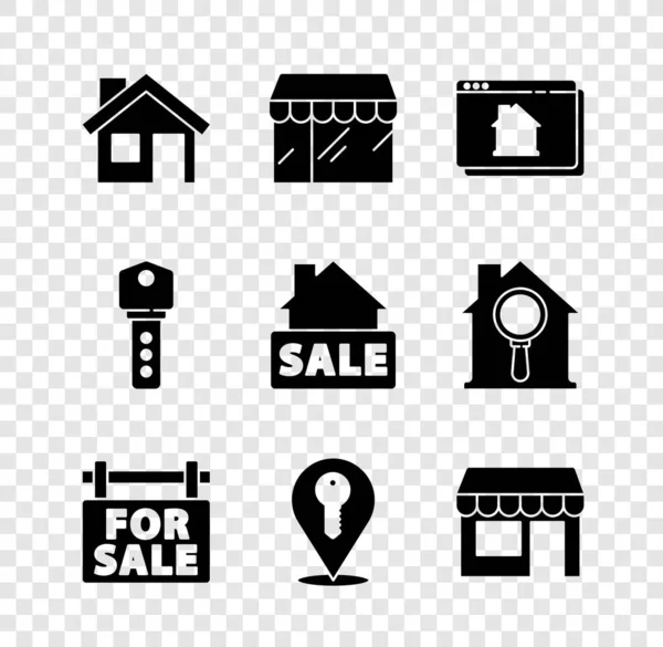 Set House, Market store, Online real estate house, Hanging sign with For Sale, Location key, and icon. Vector — Stock Vector