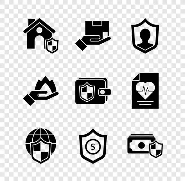 Set House with shield, Delivery insurance, Life, Shield world globe, dollar, Money, Hand holding fire and Wallet icon. Vector — Stock Vector